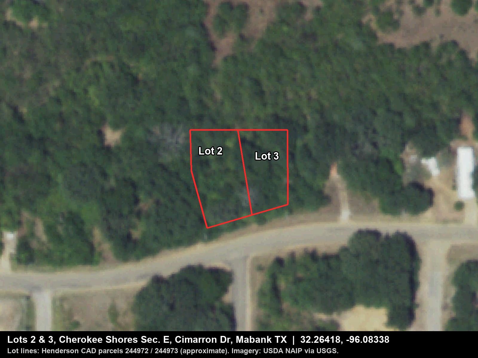 Aerial view of Lots 2 and 3 outlined in red on Cimarron Dr in Cherokee Shores, Mabank TX